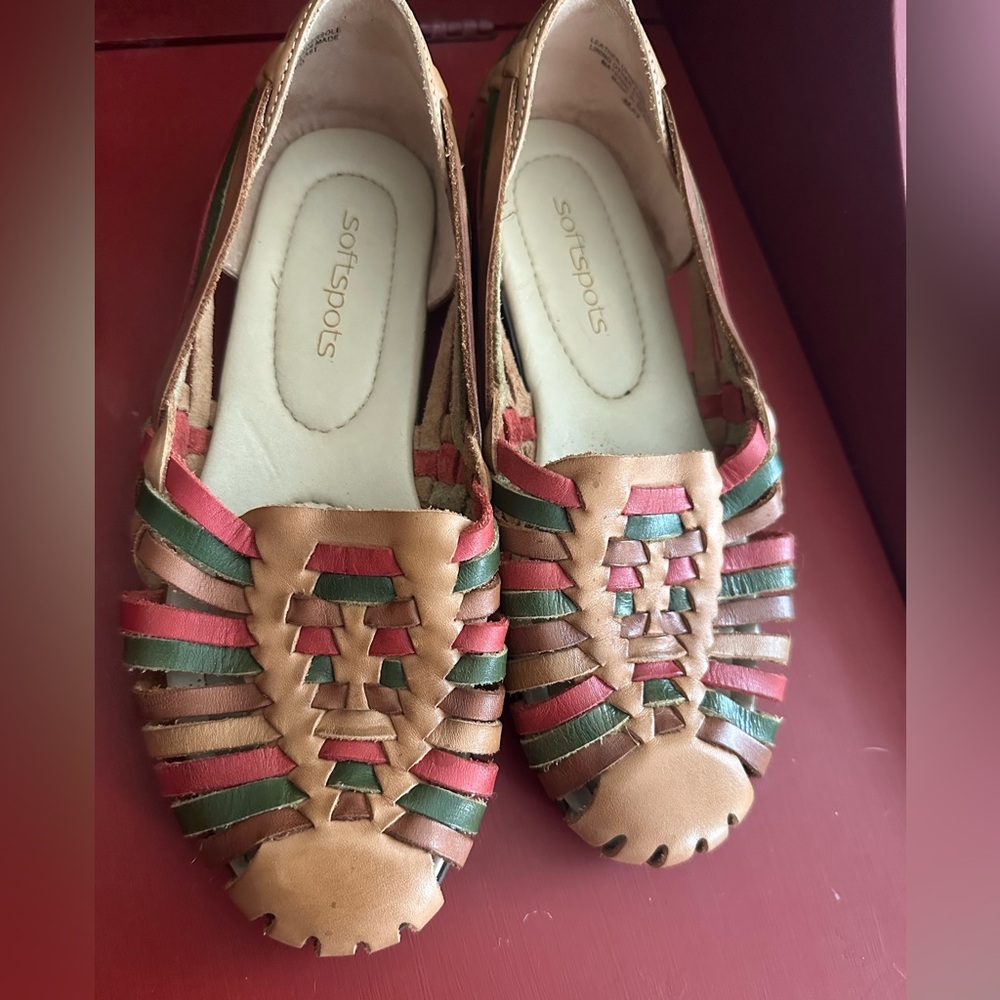 Leather Softspots Women's Tan, Green, and Pink Flats made in Mexico
